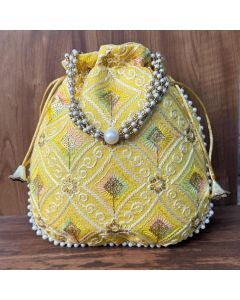 Unravel India Handcrafted Yellow Brocade Pearl Potli Bag for Women | Festive & Wedding Ethnic Potli