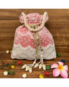 Unravel India Handcrafted Pink Velvet Pearl Potli Bag for Women | Festive & Bridal Potli Purse