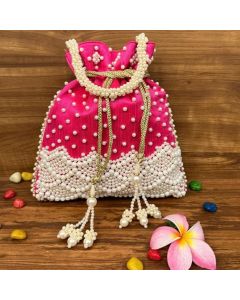 Unravel India Handcrafted Hot Pink Velvet Pearl Potli Bag for Women | Bridal Wedding Potli