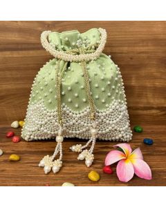 Unravel India Handcrafted Pista Green Pearl Potli Bag for Women | Wedding & Festive Ethnic Handbag