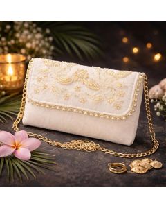 Unravel India Handcrafted White Pearl Embroidered Clutch Bag for Women | Wedding & Bridal Ethnic Handbag