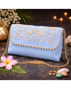 Unravel India Handcrafted Sky Blue Pearl Embroidered Clutch Bag for Women | Party & Festive Handbag