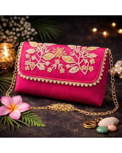 Unravel India Handcrafted Hot Pink Pearl Embroidered Clutch Bag for Women | Wedding Party Clutch