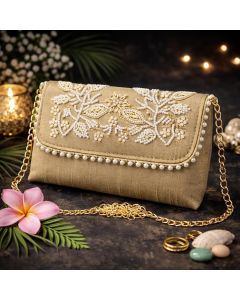 Unravel India Handcrafted Golden Pearl Embroidered Clutch Bag for Women | Bridal Wedding Clutch