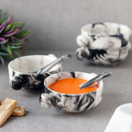 Unravel India " Vintage Chronical of Italy" gundi ceramic soup bowl(6 Bowl, 6 Spoon)