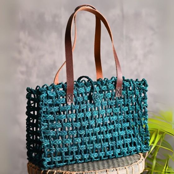 Unravel India Handcrafted Emerald Green Woven Tote with Leather Handles