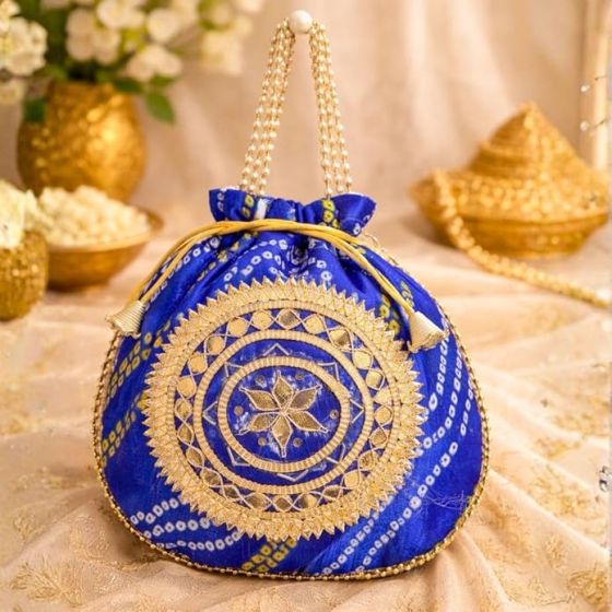Unravel India Royal Blue Bandhani Potli Bag with Pearl Handle & Zari Work | Traditional Ethnic Clutch for Women