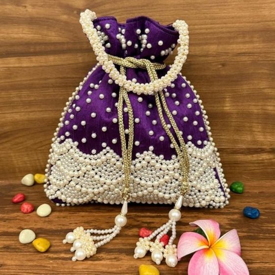 Unravel India Handcrafted Purple Velvet Pearl Potli Bag for Women | Party & Wedding Ethnic Handbag
