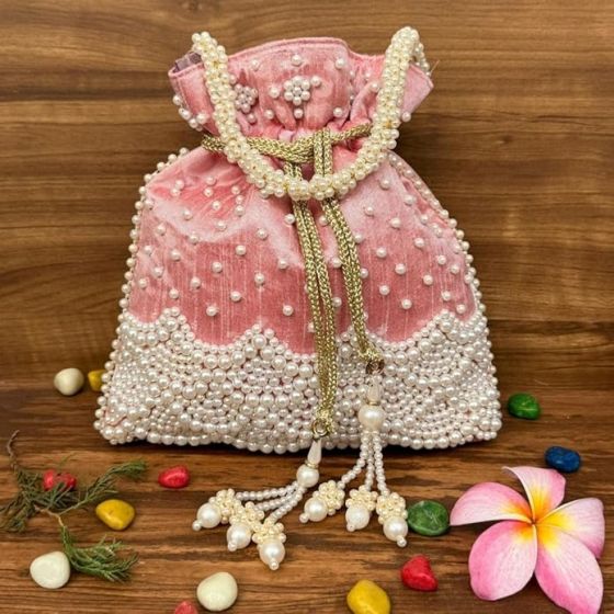 Unravel India Handcrafted Pink Velvet Pearl Potli Bag for Women | Festive & Bridal Potli Purse