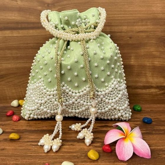 Unravel India Handcrafted Pista Green Pearl Potli Bag for Women | Wedding & Festive Ethnic Handbag