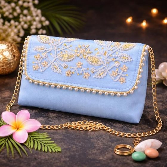 Unravel India Handcrafted Sky Blue Pearl Embroidered Clutch Bag for Women | Party & Festive Handbag
