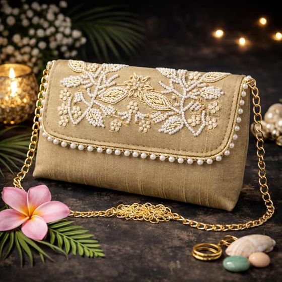 Unravel India Handcrafted Golden Pearl Embroidered Clutch Bag for Women | Bridal Wedding Clutch