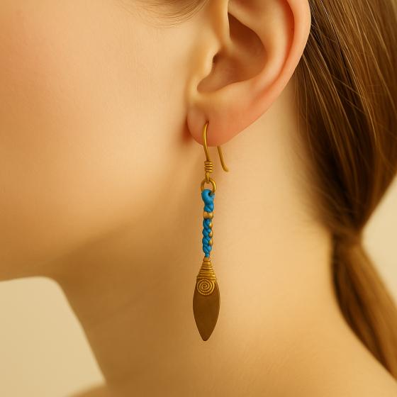 Unravel India Handcrafted Brass Leaf Drop Earrings with Blue Thread Beads for Women & Girls