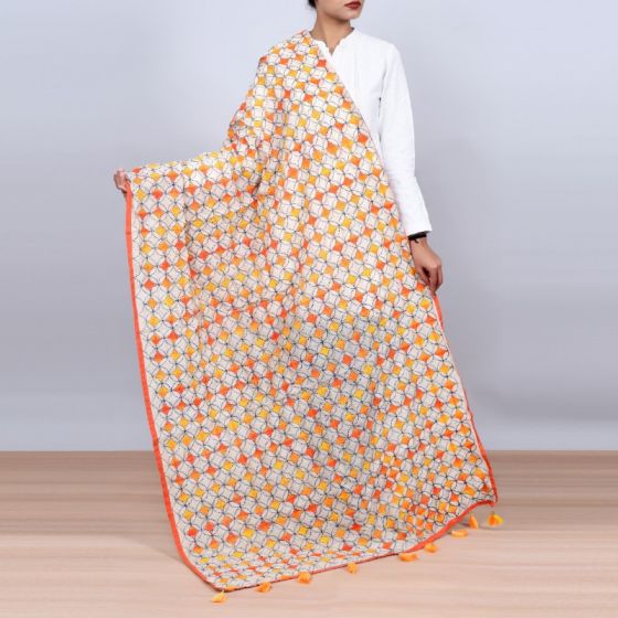 Unravel India Phulkari design Off-white base with Red & Yellow color embroidery Stole
