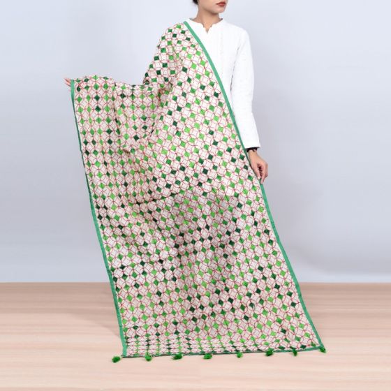 Unravel India Phulkari design Off-white base with green color embroidery Stole
