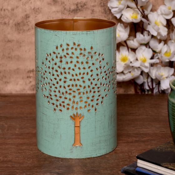 Unravel India metallic pastel blue tree of life shadow candle tea light holder