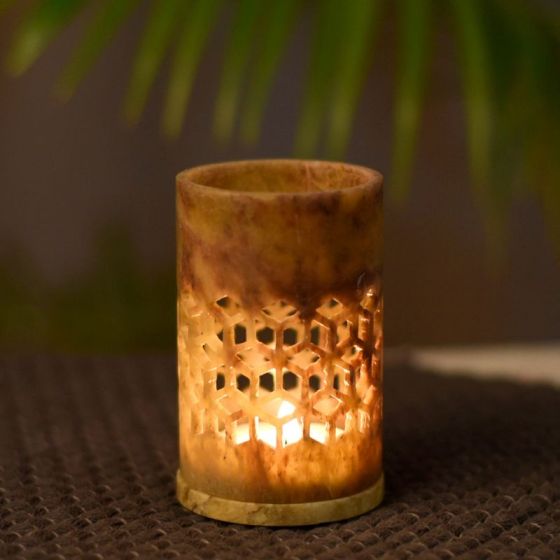 Unravel India Handcarved Marbel Tea Light Holder for Home Decor(Brown)