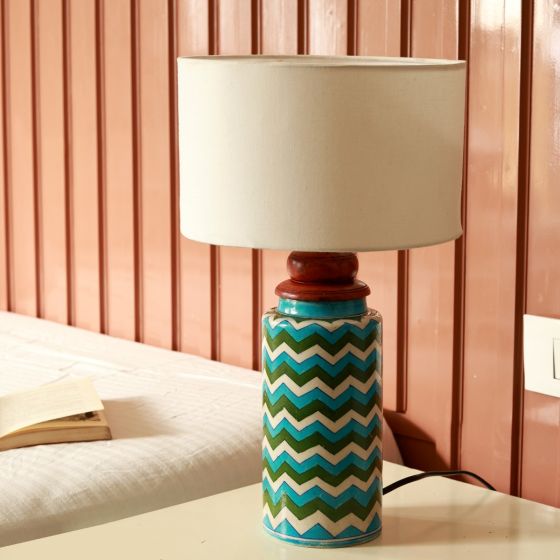 Unravel India Handcrafted Ceramic Table Lamp with Zigzag Pattern – Multicolor