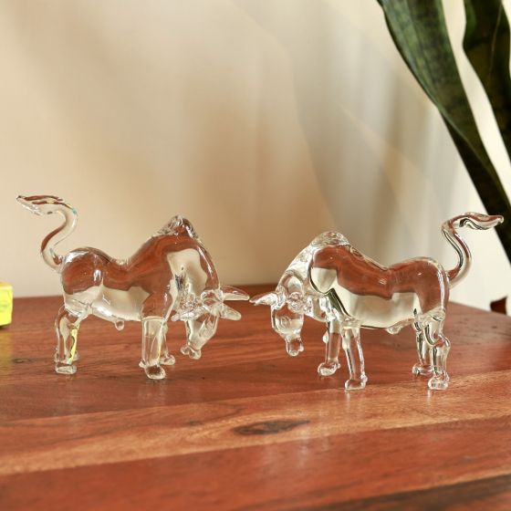 Unravel India Transparent Crystal Bull Duo – Iconic Stock Market Symbol for Growth, Wealth and Confidence