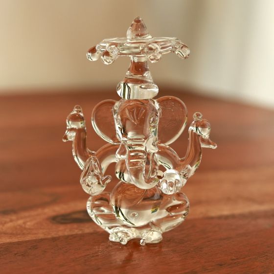 Unravel India Handcrafted Crystal Glass Ganesha Idol with Chatri for Home Mandir and Spiritual Décor 