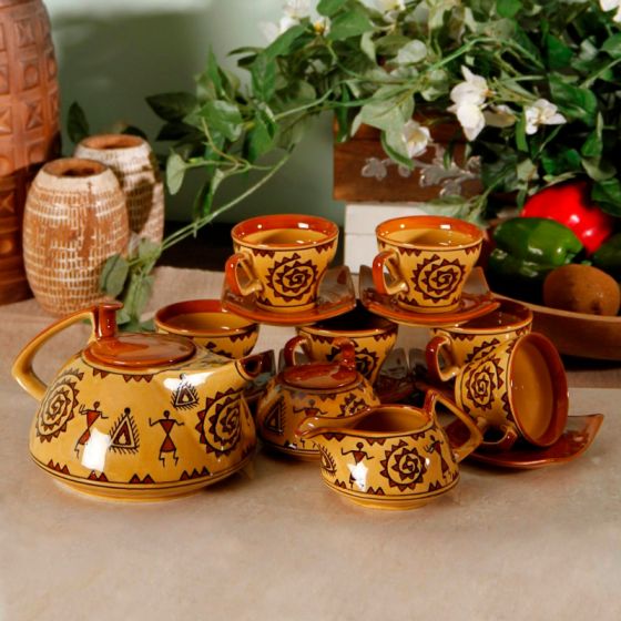 Unravel India Warli handpainted Stoneware Tea Set (set of 15)