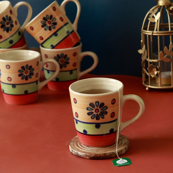 Unravel India "Flower Petals" handpainted ceramic coffee mugs(Set of 6)