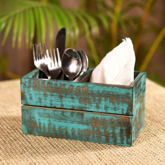 Unravel India Antique Finish Mango Wood Cuttley Holder(2 Partitions)