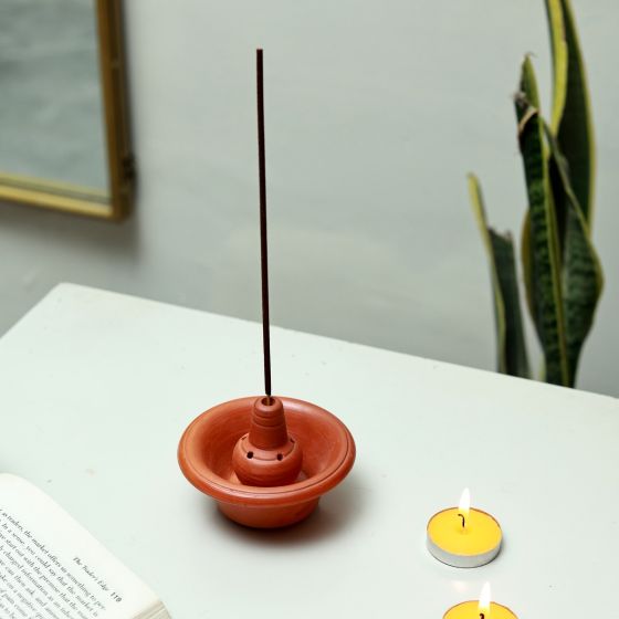 Unravel India handpainted brown terracotta incense stand