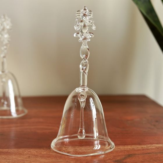 Unravel India Crystal Glass Pooja Bell with Ganesh Top Handcrafted Temple Bell for Prayer and Décor