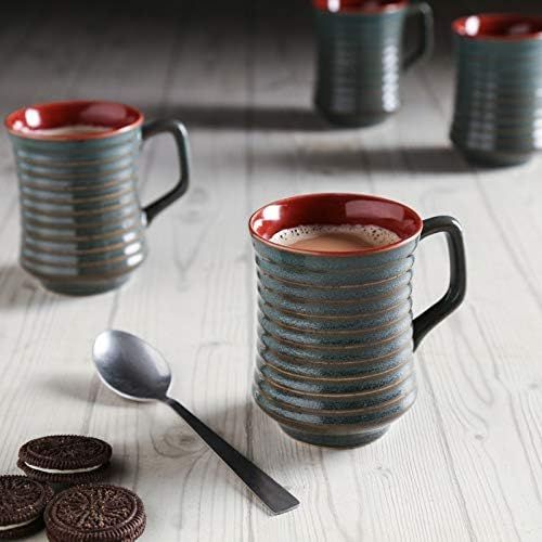 Unravel India Ceramic Coffee Mugs with Ribbed Design, Grey and Green, Set of 6