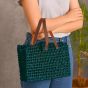 Unravel India Handcrafted Emerald Green Woven Tote with Leather Handles
