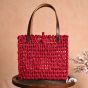 Unravel India Handcrafted Woven Tote Bag with Leather Handles – Ruby Red
