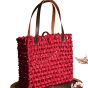 Unravel India Handcrafted Woven Tote Bag with Leather Handles – Ruby Red