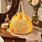 Unravel India Yellow Bandhani Potli Bag with Pearl Handle & Zari Embroidery | Festive Ethnic Handbag for Women