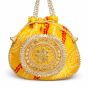 Unravel India Yellow Bandhani Potli Bag with Pearl Handle & Zari Embroidery | Festive Ethnic Handbag for Women
