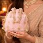 Unravel India Pastel Pink Embroidered Potli Bag with Pearl Handle | Designer Ethnic Clutch for Women