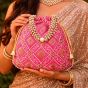 Unravel India Hot Pink Embroidered Potli Bag with Pearl Handle | Designer Ethnic Clutch for Women