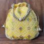 Unravel India Handcrafted Yellow Brocade Pearl Potli Bag for Women | Festive & Wedding Ethnic Potli