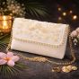 Unravel India Handcrafted White Pearl Embroidered Clutch Bag for Women | Wedding & Bridal Ethnic Handbag
