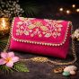 Unravel India Handcrafted Hot Pink Pearl Embroidered Clutch Bag for Women | Wedding Party Clutch