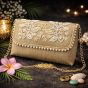 Unravel India Handcrafted Golden Pearl Embroidered Clutch Bag for Women | Bridal Wedding Clutch