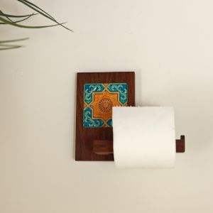 Unravel India sheesham wood tile work  toilet roll holder