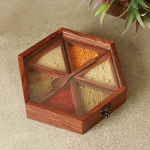 Unravel India sheesham wood hexagonal masala dani with "6 detachable boxes & spoon" for storing spices(Brown)