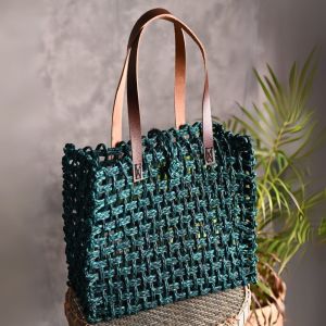 Unravel India Handwoven Emerald Green Tote Bag with Leather Handles