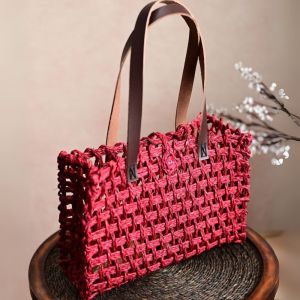 Unravel India Handwoven Ruby Red Tote Bag with Leather Handles