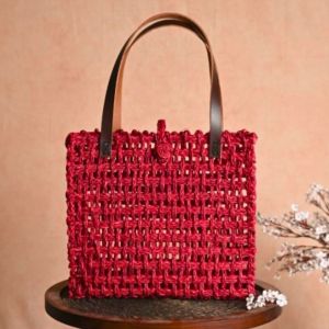 Unravel India Handcrafted Woven Tote Bag with Leather Handles – Ruby Red