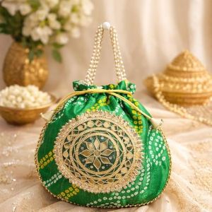 Unravel India Handcrafted Green Bandhani Potli Bag with Pearl Handle & Zari Embroidery | Traditional Ethnic Clutch for Women