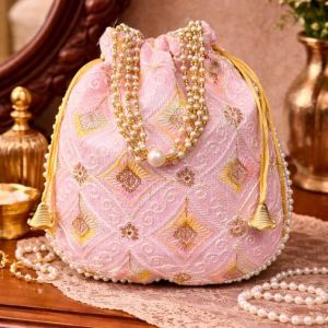 Unravel India Pastel Pink Embroidered Potli Bag with Pearl Handle | Designer Ethnic Clutch for Women