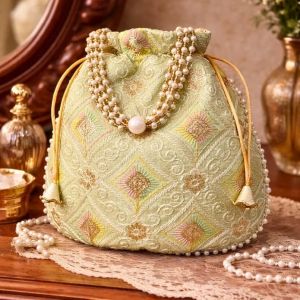 Unravel India Mint Green Embroidered Potli Bag with Pearl Handle | Festive Ethnic Handbag for Women
