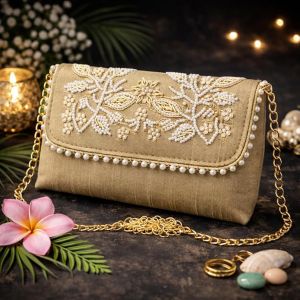 Unravel India Handcrafted Golden Pearl Embroidered Clutch Bag for Women | Bridal Wedding Clutch